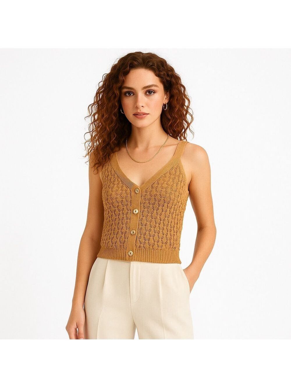 Lolita Honeycomb Knit Button Tank Top, Tan Beige, Size M